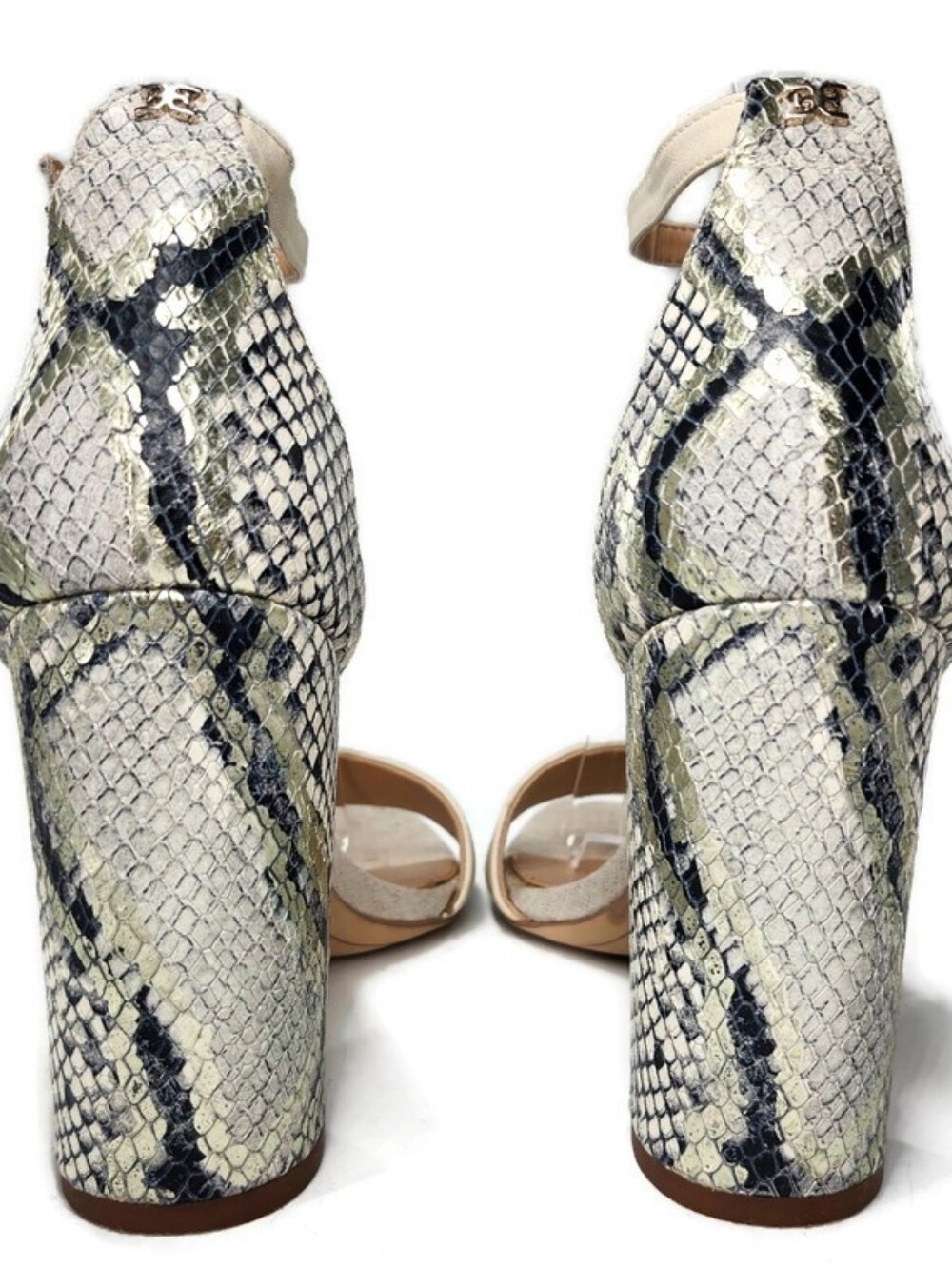 Sam Edelman Yaro Linen Black Grey Gold Shimmer Leather Snake High Heel Sandals - Picture 9 of 14